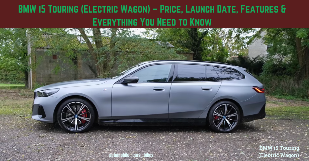 “BMW i5 Touring (Electric Wagon) in a dynamic driving pose, showcasing its sleek design and aerodynamic shape.”