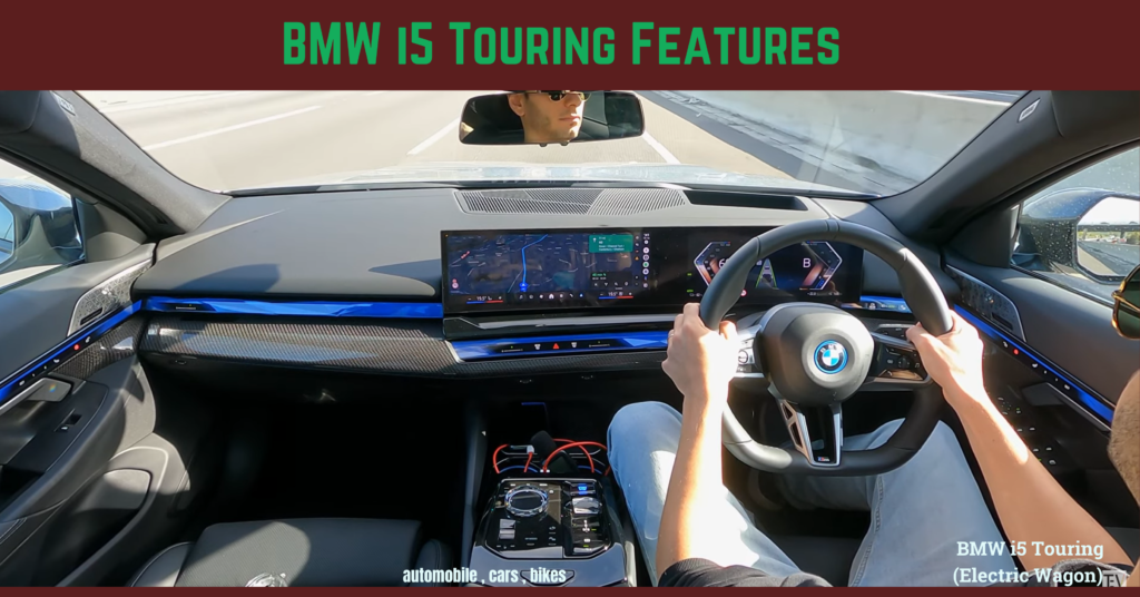 Interior of the BMW i5 Touring, highlighting the premium materials and curved infotainment display